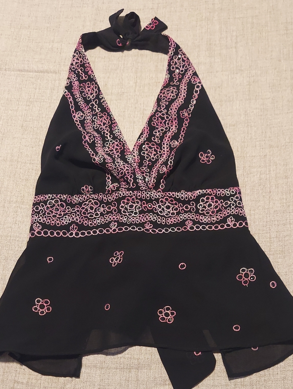 90s Festival Black Halter Top with Pink Embroidery